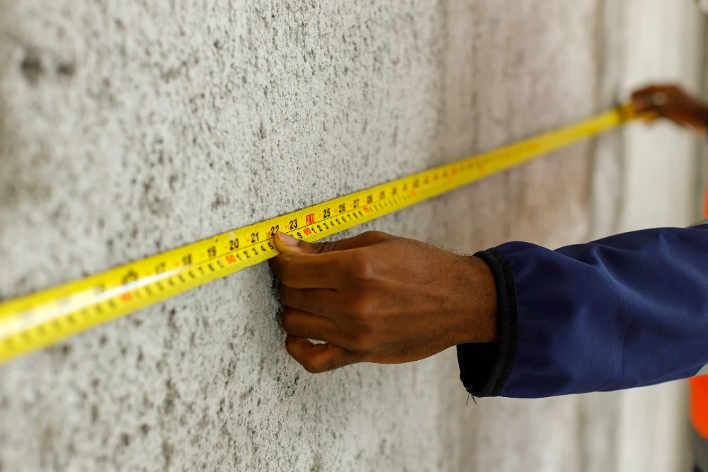 closeup of someone measuring part of a concrete wall using a yellow measuring tape.